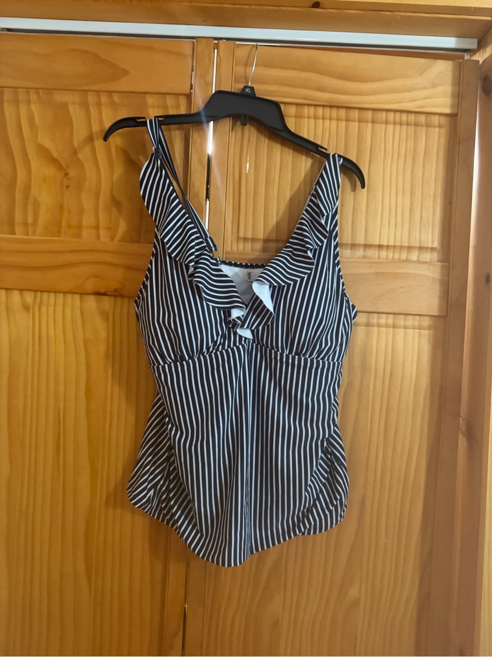 Striped Black & White V-Neck Ruffle bathing suit